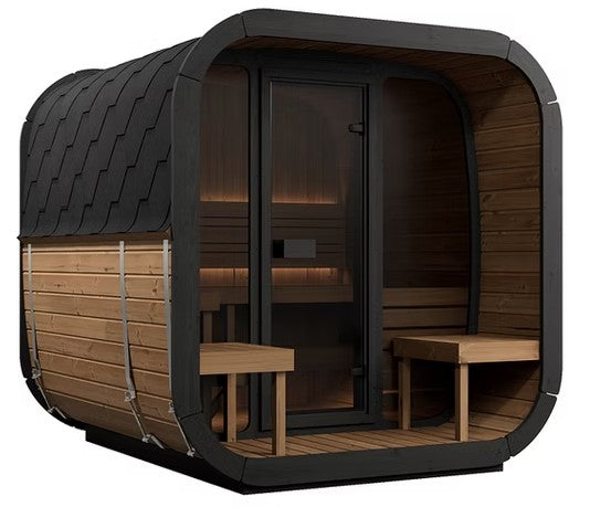 Solara Cube sauna with porch angle view