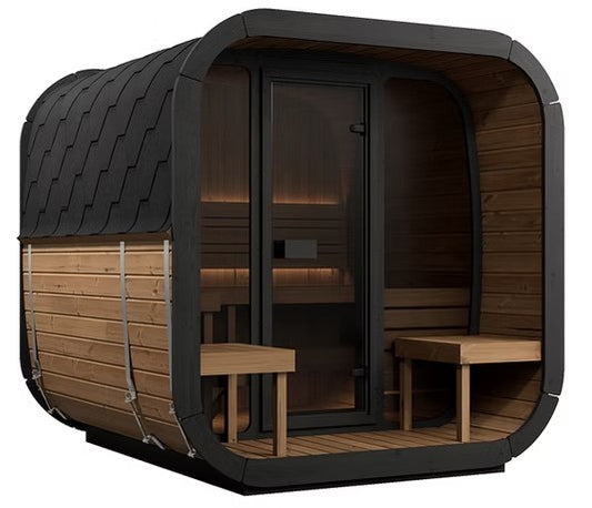 Solara Cube sauna with porch angle view